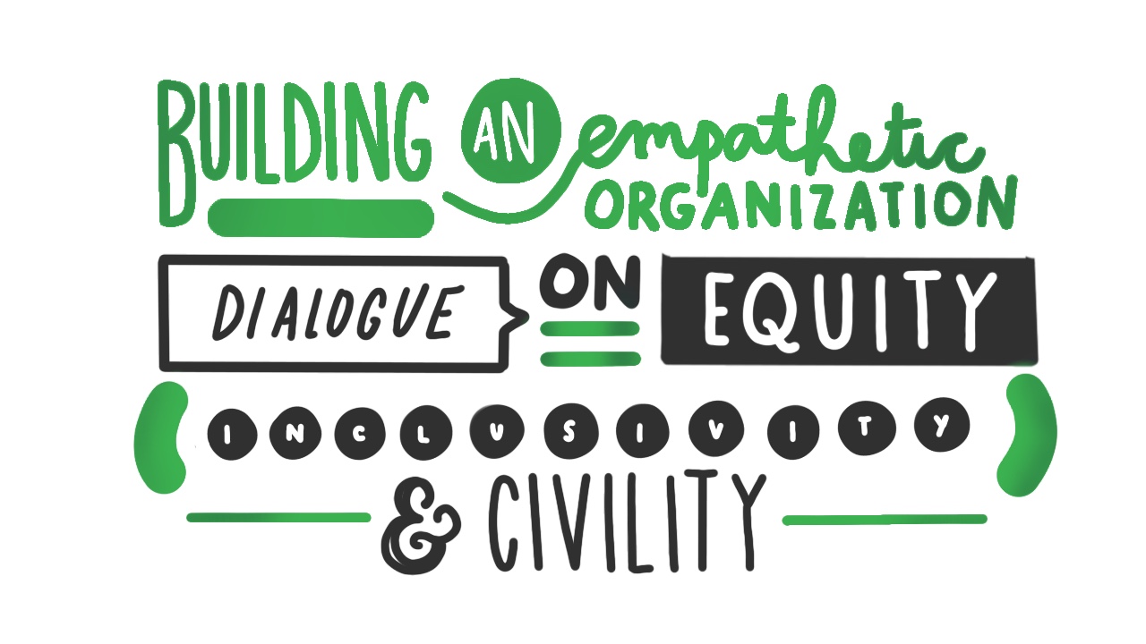 Graphic with words: Building an empathetic organization, dialogue on equity, inclusiveness and civility