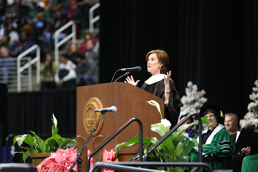 Photo of Susan Packard Speaking at Commencement