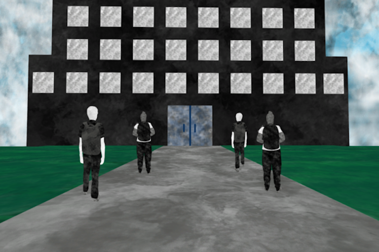 Screenshot of a game showing students entering a school