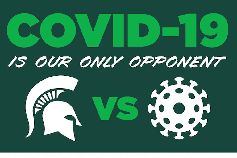 Graphic that reads COVID-19 is our only opponent with Spartan helmet versus Coronavirus