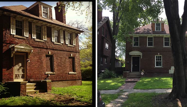 Side by side exterior photos of an old, brick two story historic house in Detroit that was under renovation.
