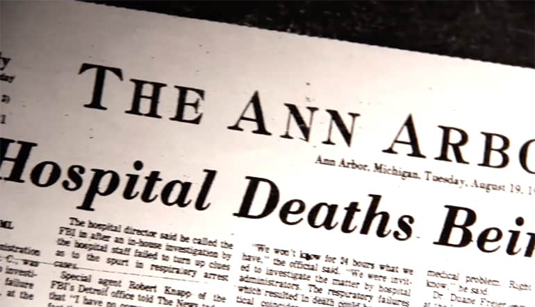 Front page of the Ann Arbor newspaper dated August 19, 1975. Headline is, "Hospital Deaths Being Investigated."