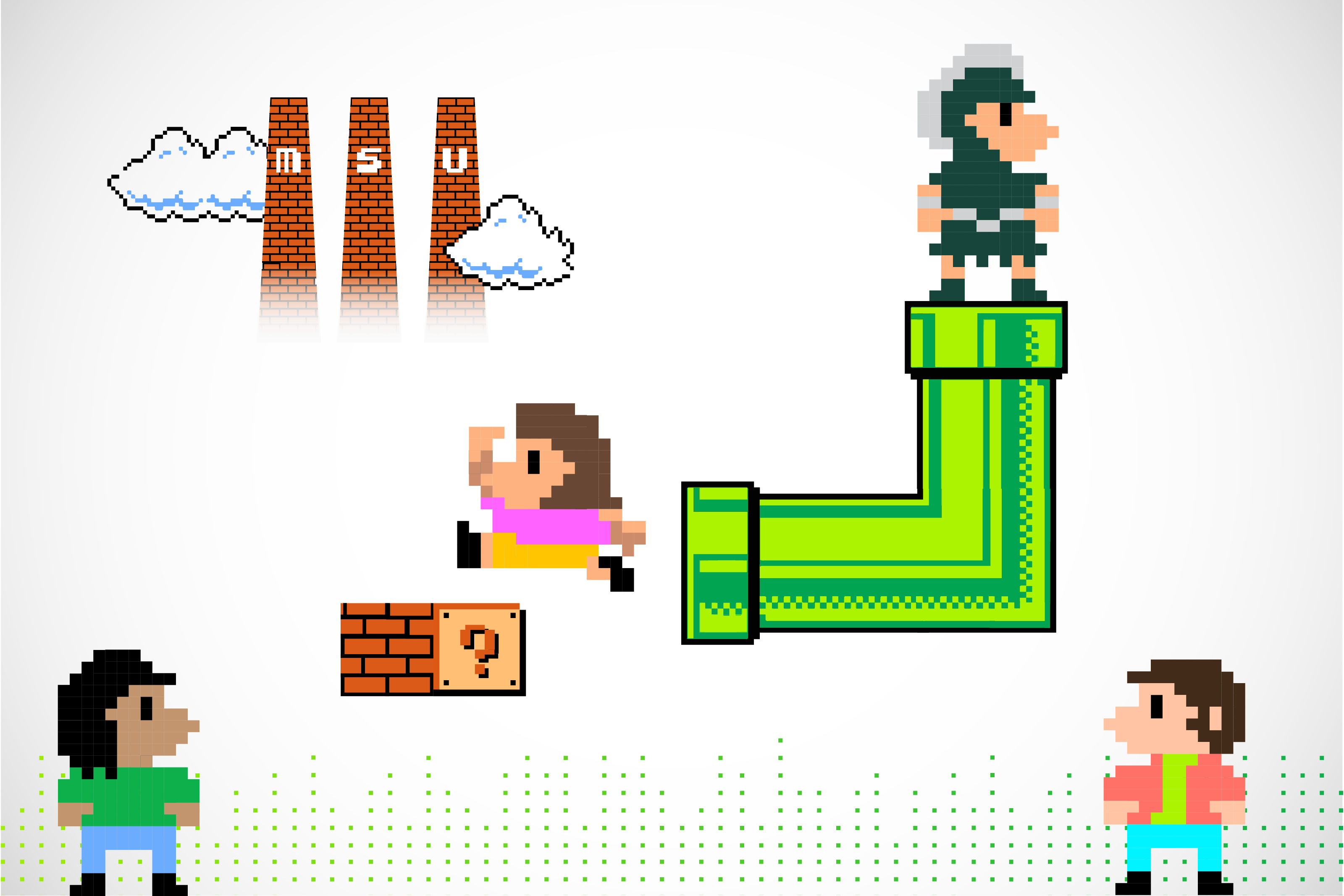 Three alumni around a video game pipe with Sparty in 8-bit styling