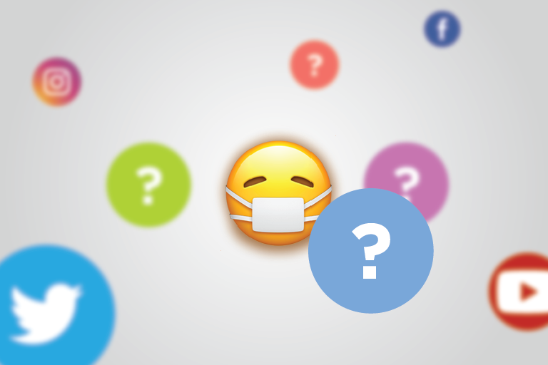 Graphic of sick emoji and other social media icons and question marks