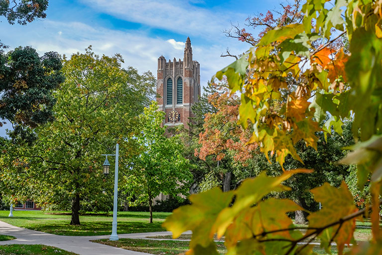 A photo of Beaumont Tower with fall leaves