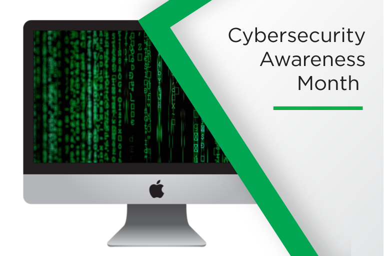 Image of a computer screen with green images and code with a white box that says Cybersecurity Awareness Month