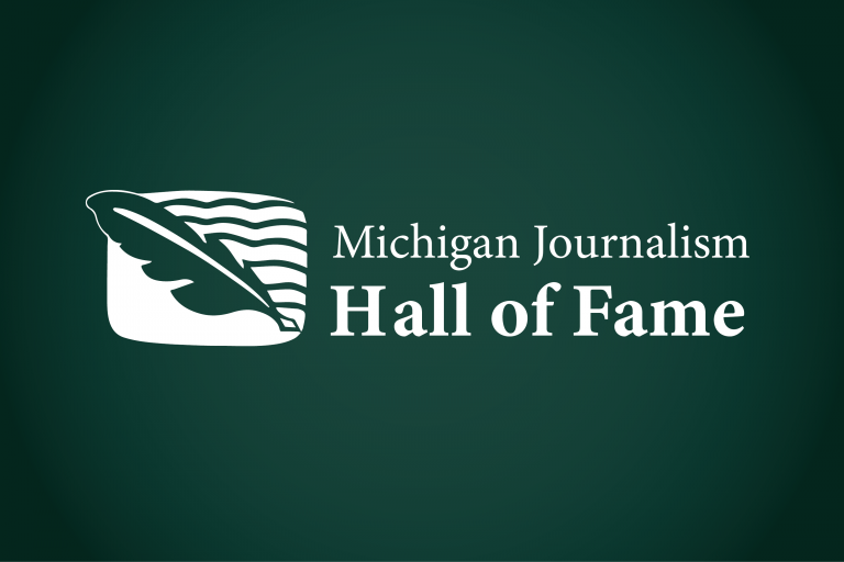 Green rectangle that says in white Michigan Journalism Hall of Fame