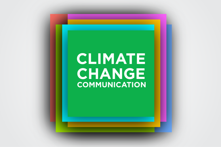 White background with colorful squares over layed with the text Climate Change Communication in white writring.