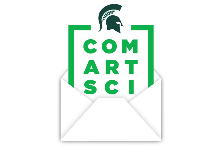 ComArtSci square coming out of a white envelope
