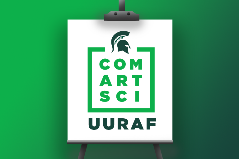 Graphic of an easel that says ComArtSci UURAF on it