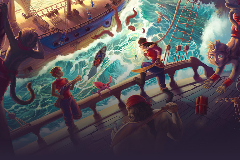 Promotional artwork for Plunder Panic, featuring two groups of pirates battling on the open ocean