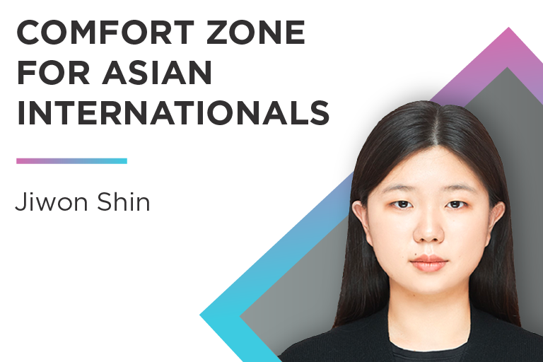Text that reads "Comfort Zone for Asian Internationals, Jiwon Shin" with a photo of Jiwon beside it.