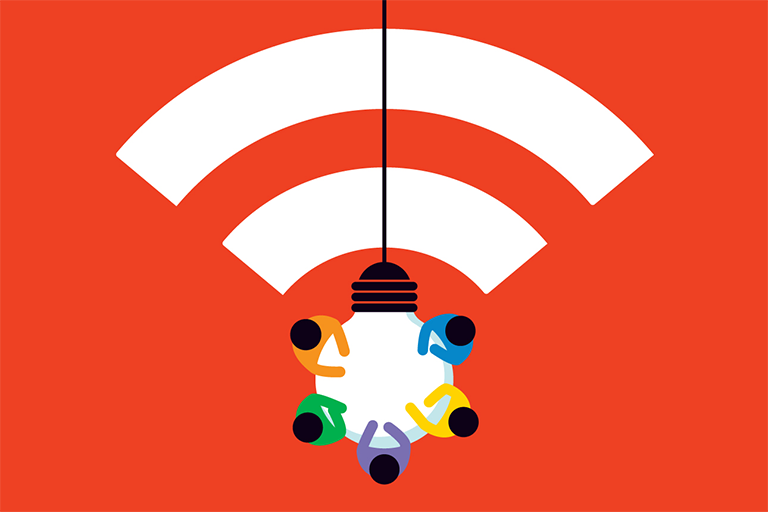 illustration depicting an overhead view of people around a circular table, which is also a lightbulb and a wireless signal