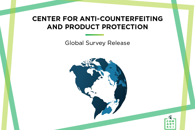 Illustration of a globe below text: Center for Anti-Counterfeiting and Product Protection global survey release