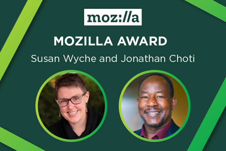 Photos of Susan Wyche and Jonathan Choti. Text reads: Mozilla Award