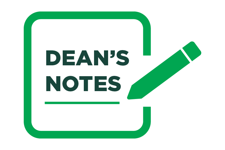 Clipart of a pencil and paper with the words Dean's Notes written on the paper