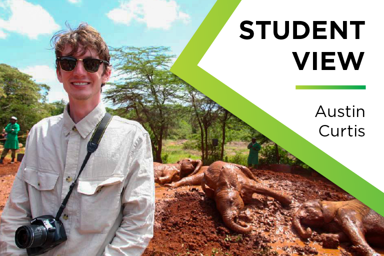 Austin Curtis at an orphan elephant rescue and wildlife rehabilitation center in Nairobi. Text reads: Austin Curtis, Student View