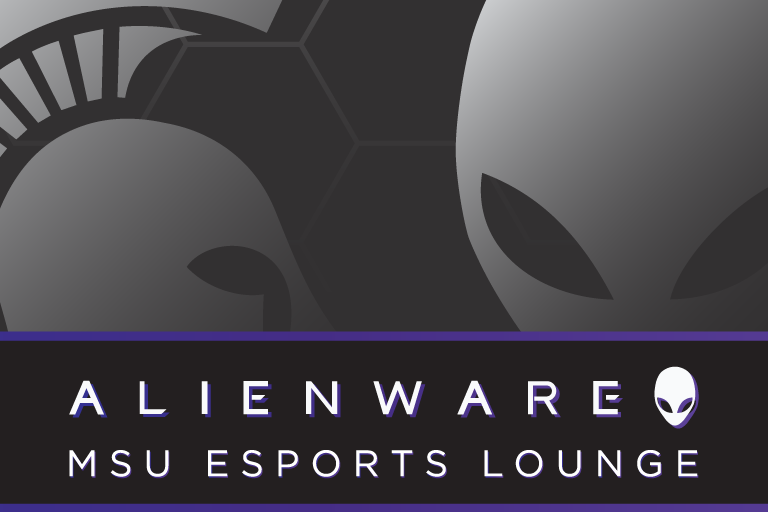 Faded Spartan helmet and Alienware logo together on a gray background. Text reads: Alienware MSU Esports Lounge
