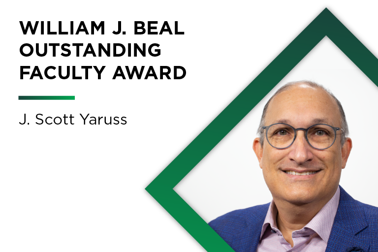 J. Scott Yaruss, Ph.D. is being recognized as the 2024 recipient of the William J. Beal Outstanding Faculty Award for his work surrounding understanding, addressing, and supporting individuals who stutter.