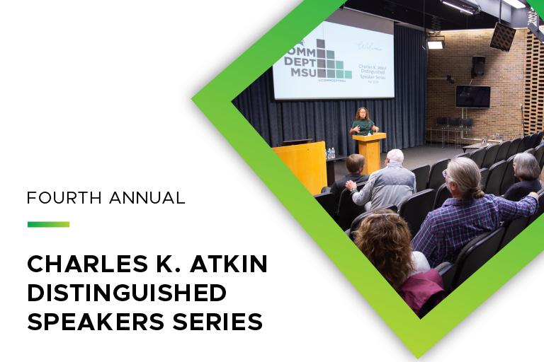 Partial photo of Monique Turner speaking at a lectern. Text reads: 4th annual Charles K. Atkin Distinguished Speaker Series