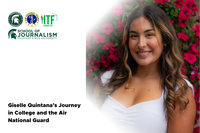 Headshot image of freshman Giselle Quintana, featuring a graphic overlay with the article title, "Balancing Duty and Education: Giselle Quintana’s Journey in College and the Air National Guard," along with the logos of the School of Journalism, Student Veteran Resource Center, Air National Guard and Ignite the Future.