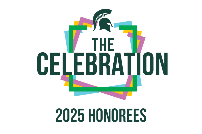 The Celebration logo with squares of green, blue, yellow and pink overlaid on top of each other with the text "The Celebration 2025 honorees"