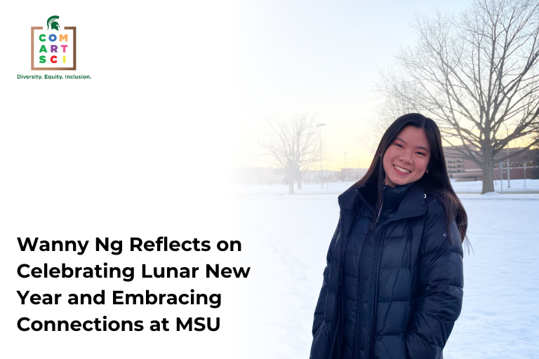 Image of student Wanny Ng with Black coat on standing on MSU campus with snow on the ground, sun shining and tree without leaves in the back. Image is collaged on white background with the article title.