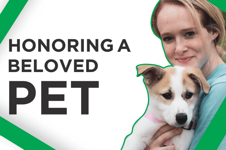 Picture of Alum Lauren Evasic holding a puppy with text: Honoring a beloved pet along side her