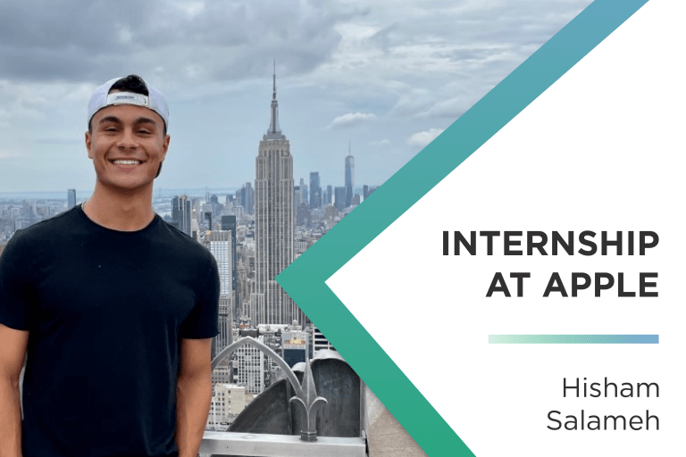 Hisham Salameh in front of Empire State Building with text to the right that reads: Internship at Apple | Hisham Salameh