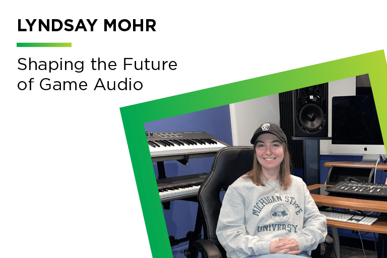 "Lyndsay Mohr | Shaping the Future of Game Audio" with photo of Mohr in lower right corner