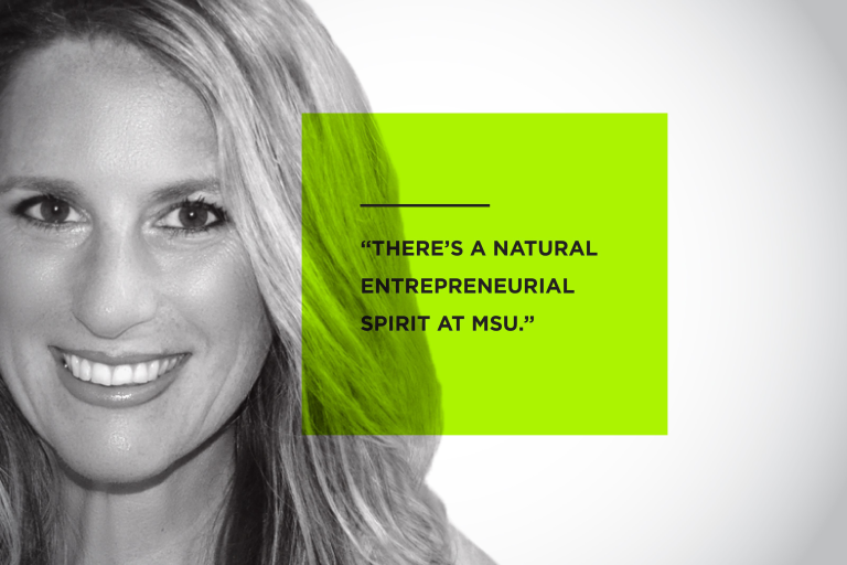 Elyse Kaye, entrepreneur and founder of Bloom Bras with a quote in a green box that reads: "There's a natural entrepreneurial spirit at MSU"