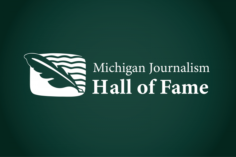 White Michigan Journalism Hall of Fame logo on green background
