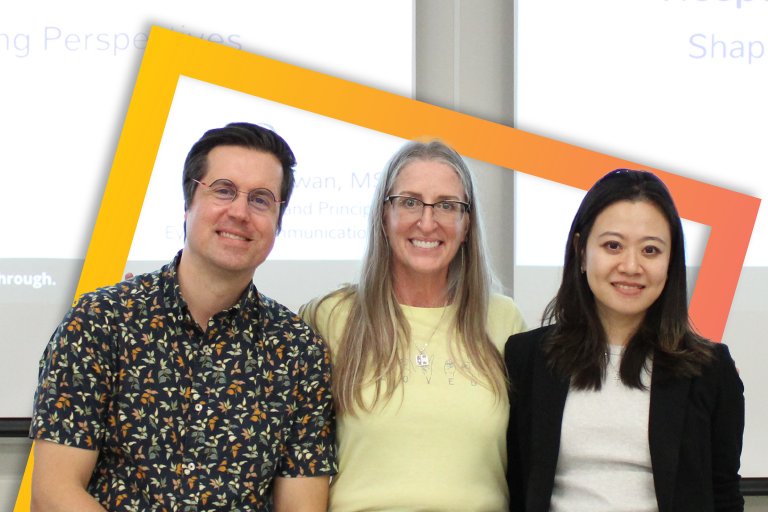 Photo of a group of three people with an orange square around them