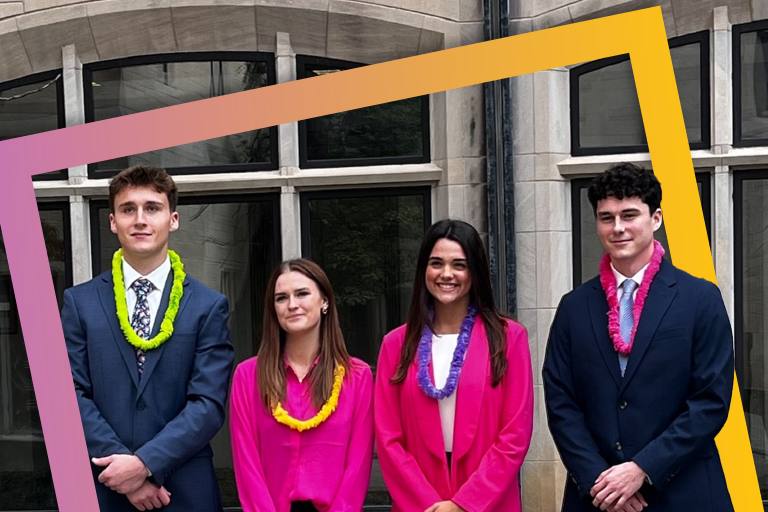 Photo of the National Sales Team with an orange and pink square around them