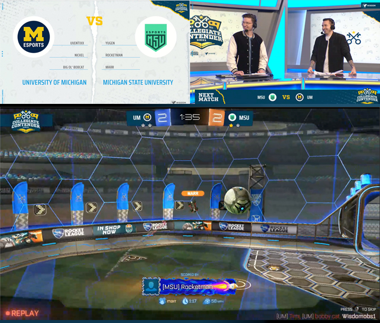 Livestream captures of Michigan State University esports playing against University of Michigan in the Collegiate Contender Series