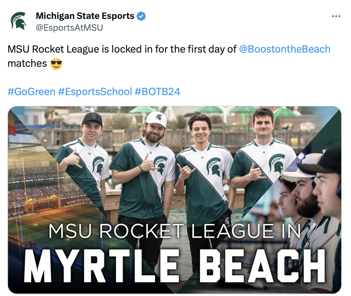 Tweet from @EsportsAtMSU: MSU Rocket League is locked in for the first day of @BoostontheBeach matches