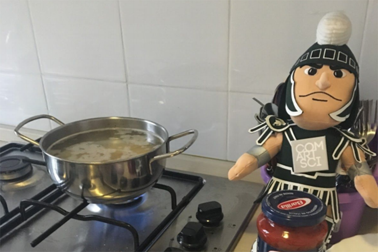 Sparty cooking in an Italian kitchen