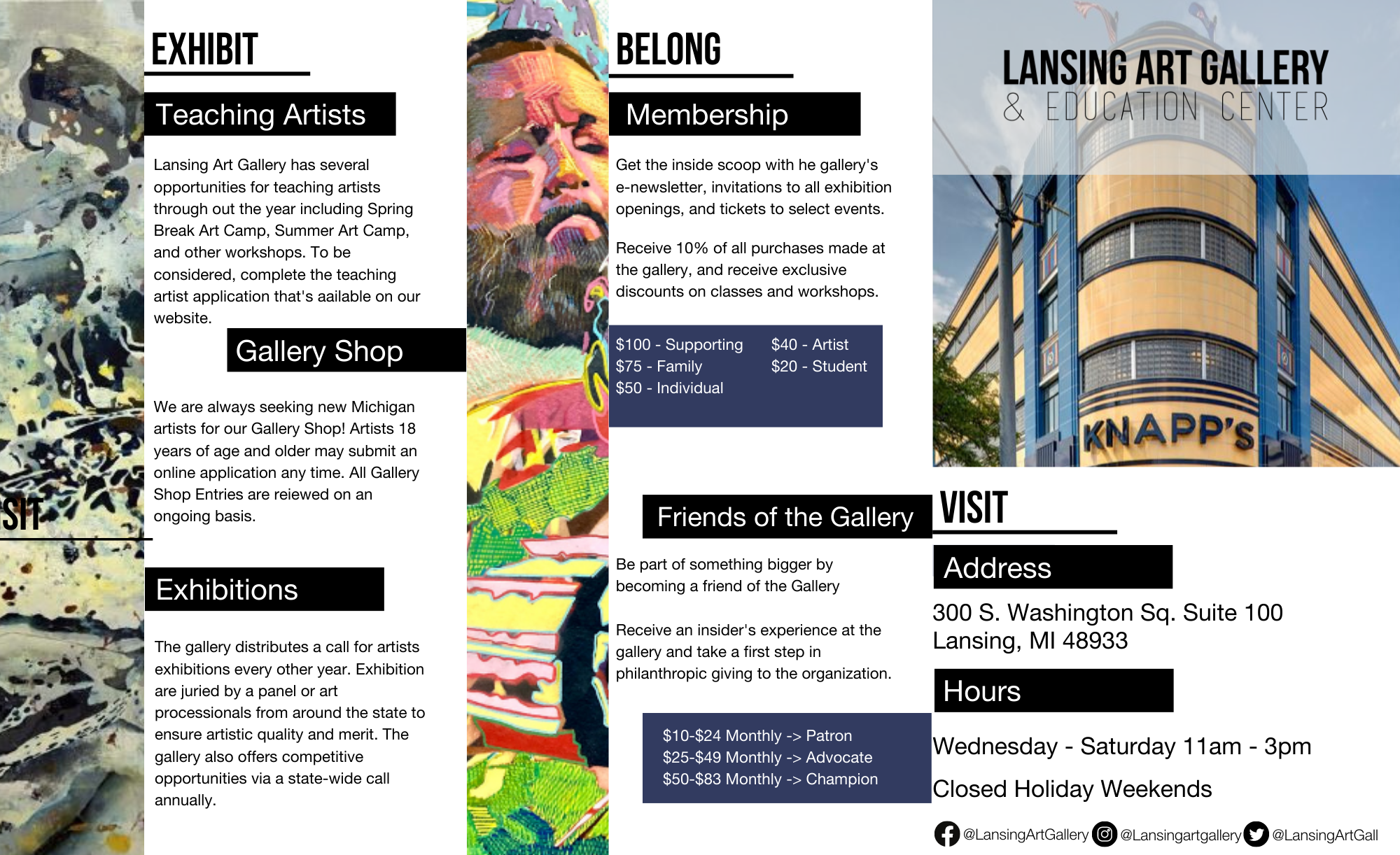 Three-panel brochure with the headings: "Visit," "Exhibit" and "Belong."