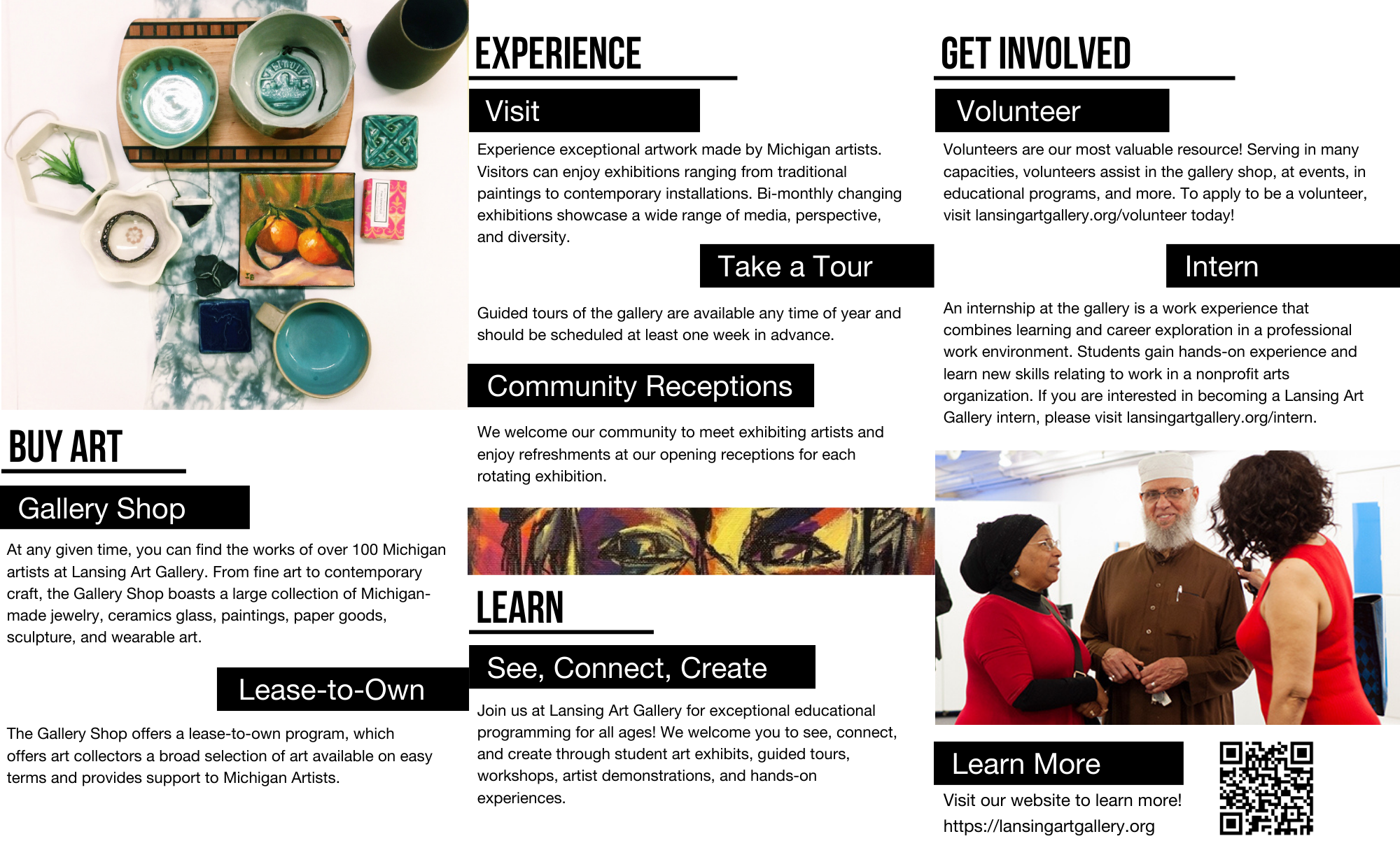 Three-panel brochure with the headings: "Buy Art," "Experience," and "Get Involved."