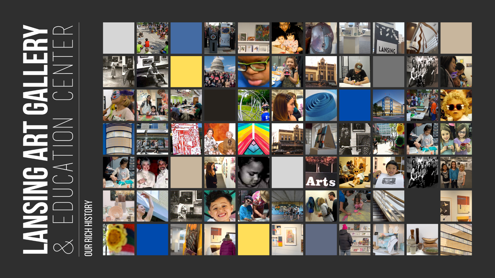 Image grid of various artwork, photos, and colors to represent the Lansing Art Gallery's rich history.