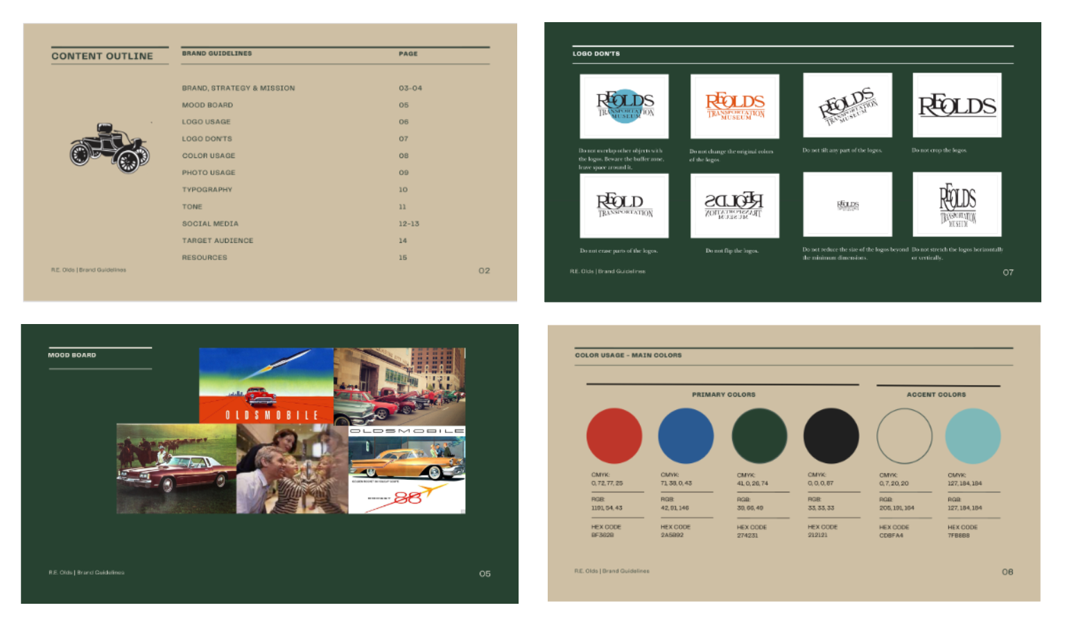 Preview of four slides from the brand guide, including a table of contents, logo don'ts, mood board, and main colors.