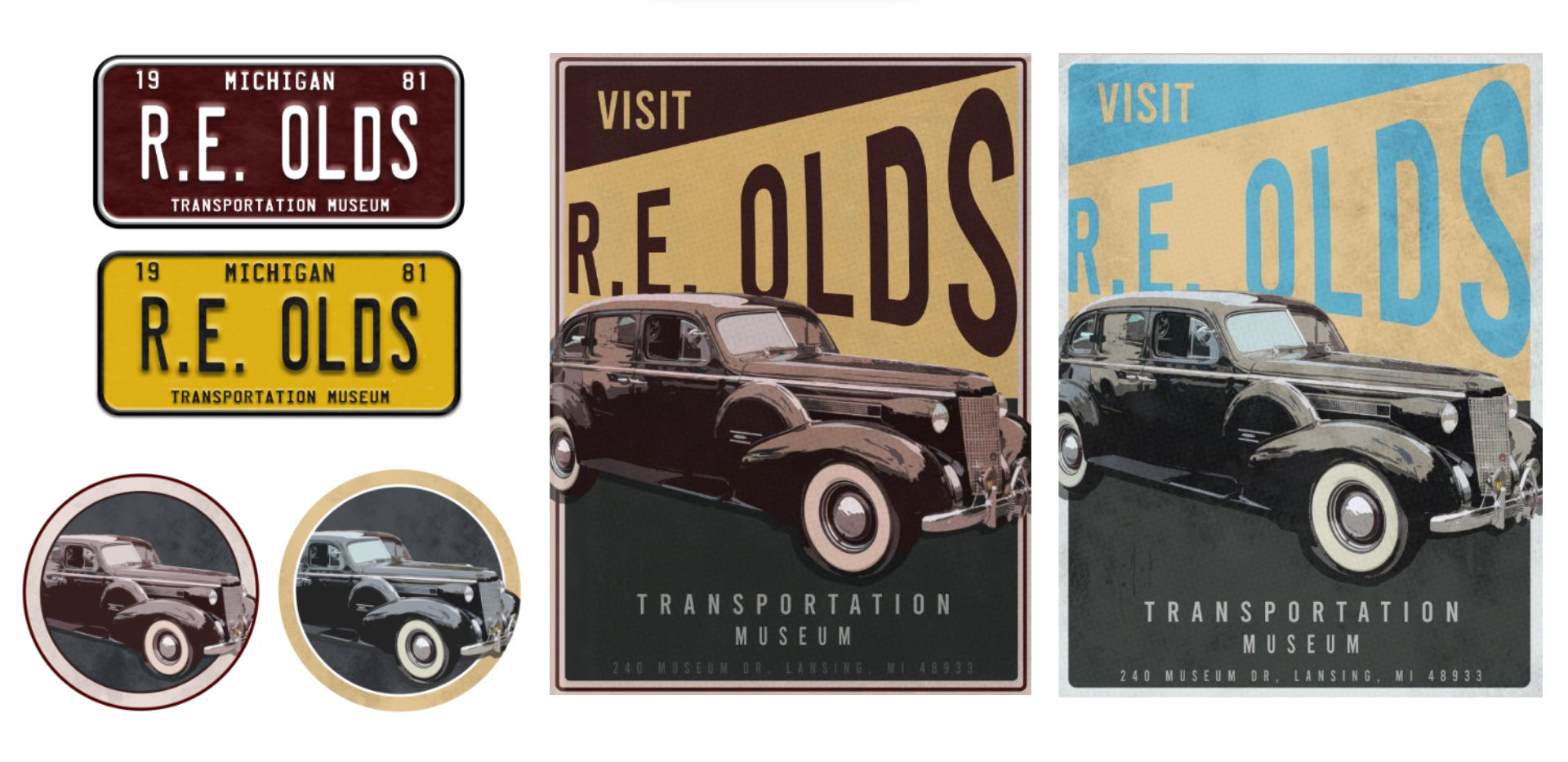 4 sticker designs (red and yellow license plates and an old car); 2 posters that say "R. E. Olds Transportation Museum"