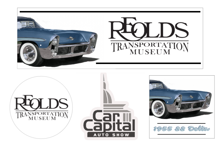 4 stickers (one that says "Car Capital Auto Show" and three that say R.E. Olds Transportation Museum in different shapes with an image of a 1955 88 Delta) 