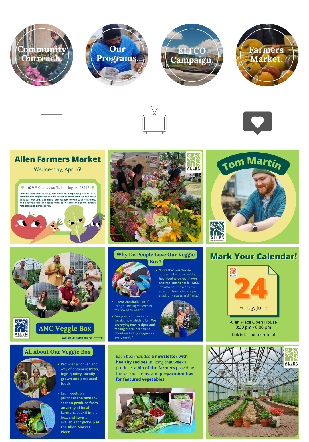 Instagram Page Mockup with Allen Neighborhood Center branding and graphics on topics like "Community Outreach," "Our Programs," "Allen Farmer's Market," and "Veggie Boxes"