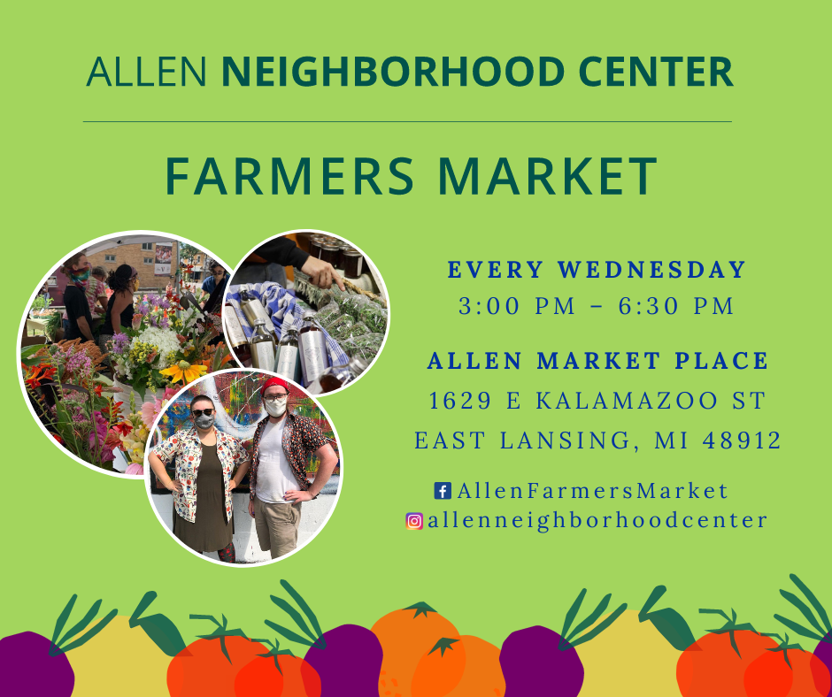 Facebook graphic that says: "Allen Neighborhood Center Farmer's Market" along with the date and time of the event.