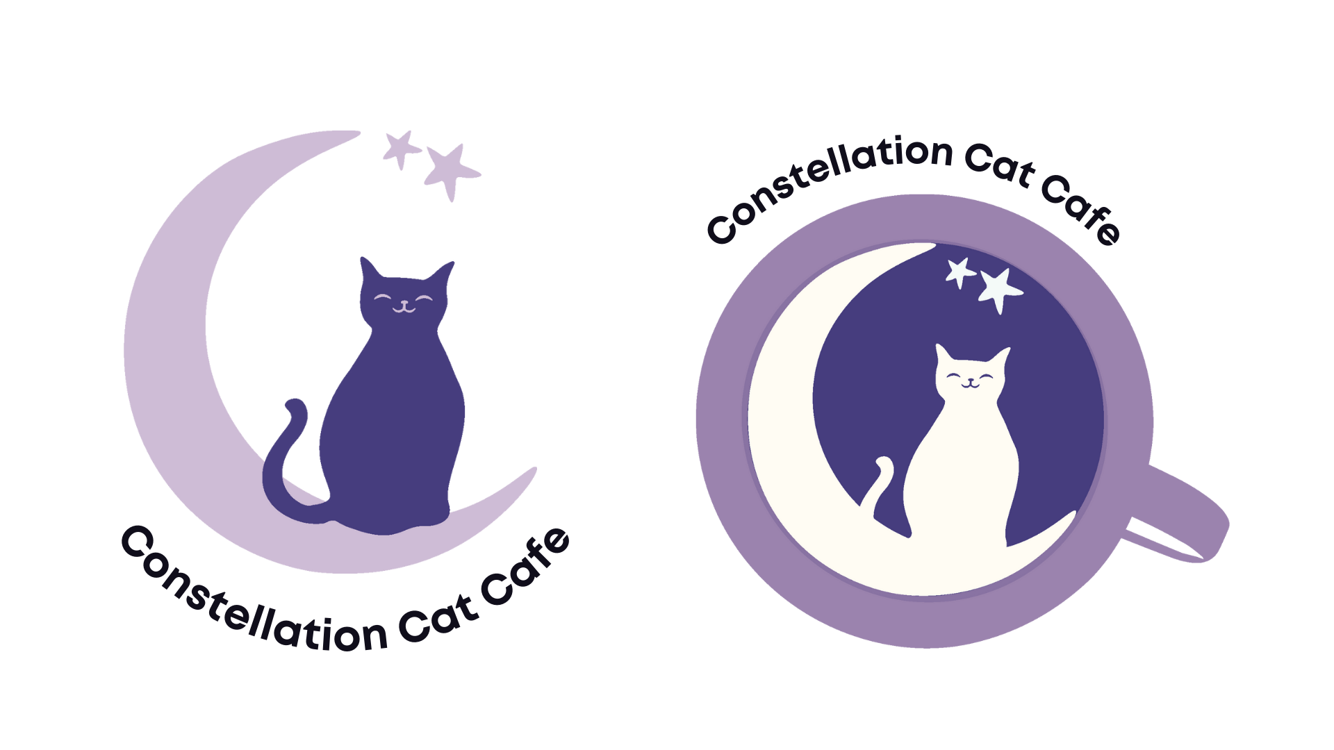 Two redesigned Constellation Cat Cafe logos: Purple cat sitting on a moon and  white cat on a moon in a cup of coffee
