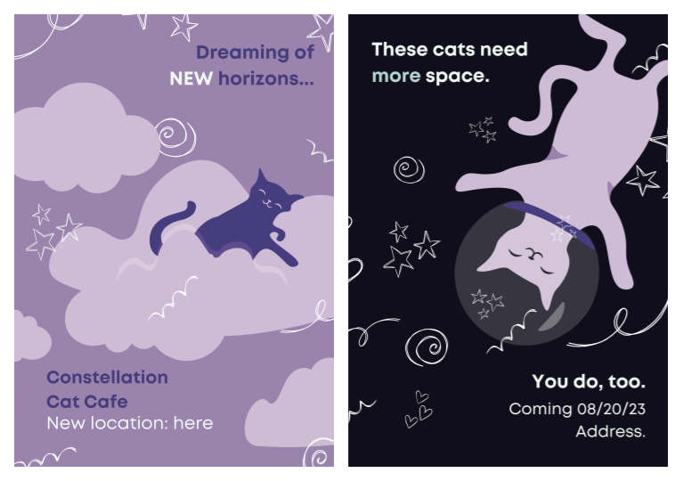 Two Sample Advertising Posters: "Dreaming of new horizons..." with a cat on a cloud and "These cats need more space" with a cat in an astronaut helmet.
