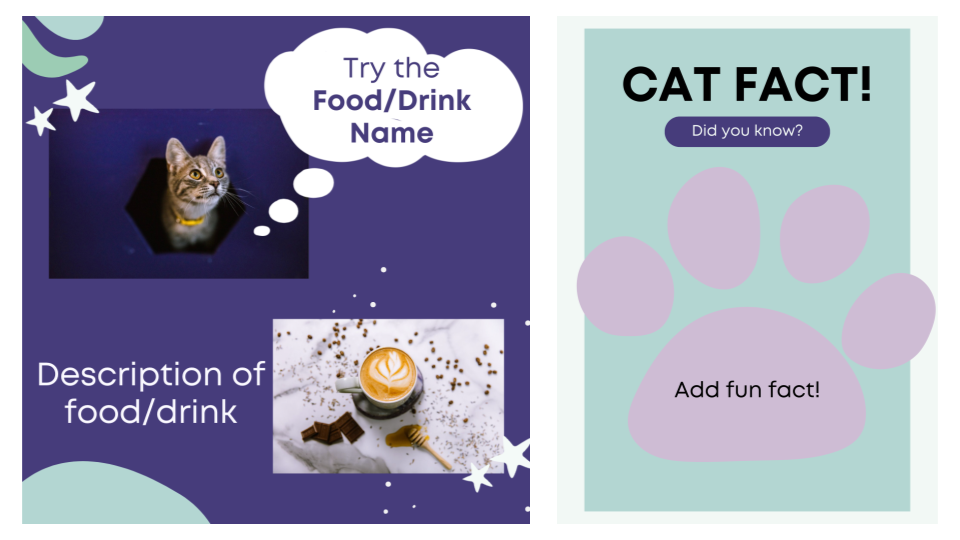 Social Media Post Templates: Try this food/drink and a fun cat fact 