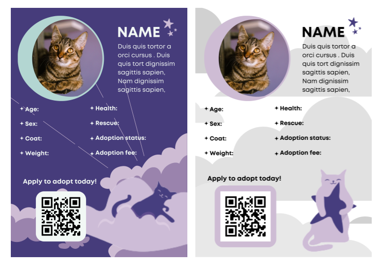 2 print versions of the cat info template (one purple and one black and white) with details for age, health, sex, rescuer, coat, weight, adoption status, and adoption fee.