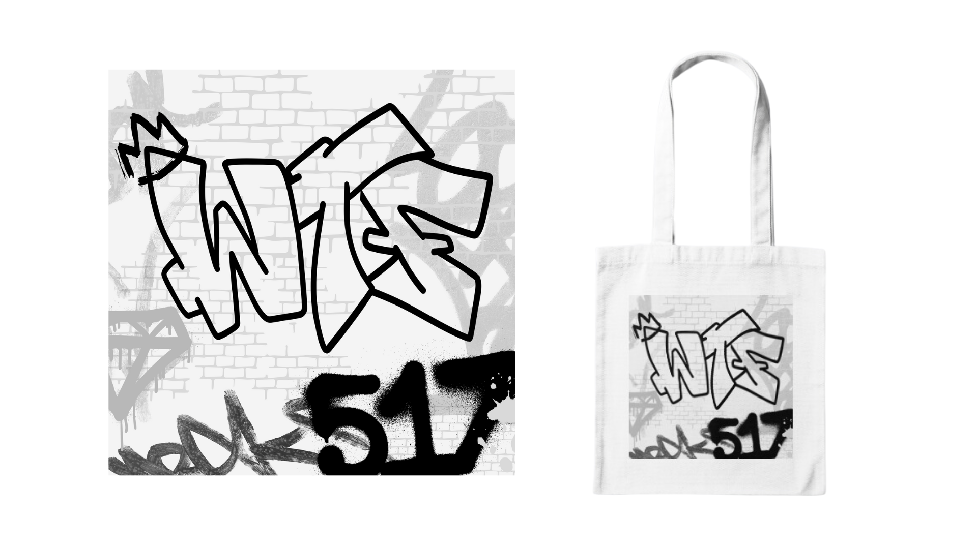 A tote bag with white, black, and grey graffiti designs. Text says "WTF" and "517."